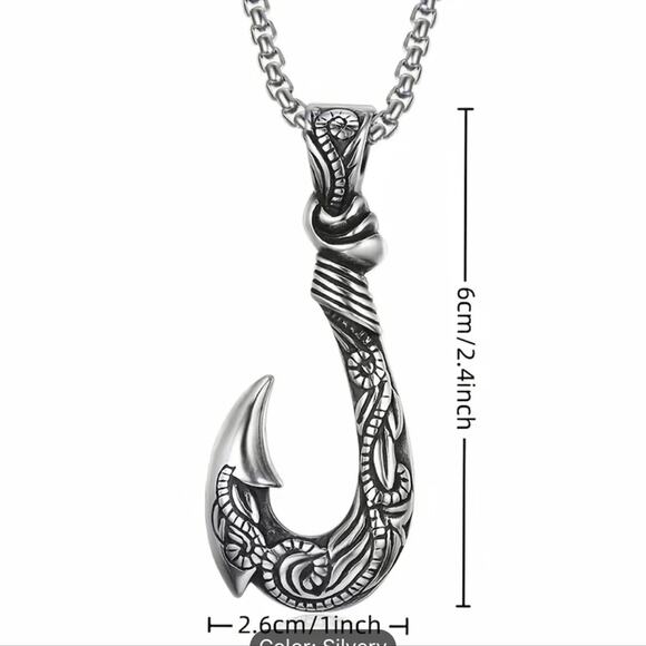 Titanium Steel Fish Hook Pendant Necklace Ocean Adventure Tribal Viking Unisex - Picture 2 of 5